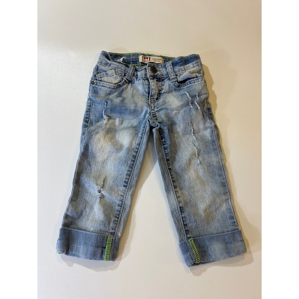 L.E.I. Jeans Girls Size 4 Blue Chelsea Lowrise Distressed Neon Stitch Capri